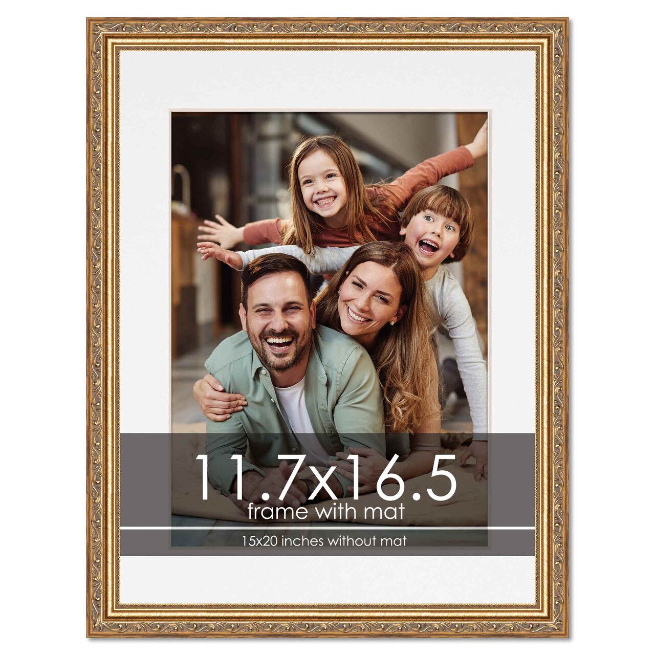 Antique Gold Frame with White Photo Mat, UV Acrylic Front, Foam Board Backing, 60 Sizes Available